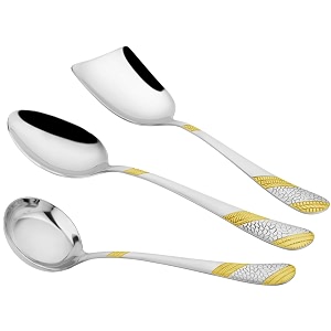 parage 3 pieces stainless steel golden serving spoons set for dining tablekitchen 18 mm heavy gauge 1 soup ladle karchi 1 solid spoon chamcha 1 rice spoon 24k gold pack of 3