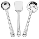 Parage 3 Pieces Stainless Steel Kitchen Tools Set for Cooking and Serving, Pack of 3 Ladle (Karachhi), Skimmer (Jhara) &amp; Turner/Spatula (Palta) Silver, Size: 32 cms, 33.5 cms, 34.5 cms