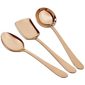 parage 3 pieces stainless steel rose gold serving spoons set for dining tablekitchen 18 mm heavy gauge 1 soup ladle karchi 1 solid spoon chamcha 1 rice spoon rose gold pack of 3