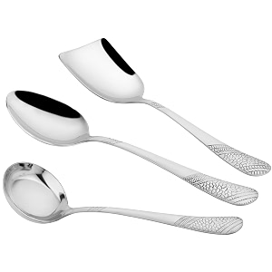 parage 3 pieces stainless steel serving spoons set for dining tablekitchen 18 mm heavy gauge 1 soup ladle karchi 1 solid spoon chamcha 1 rice spoon silver pack of 3