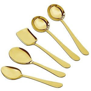 parage 5 pieces stainless steel serving spoons set of 5 for dining tablekitchen 18 mm heavy gauge 2 soup ladlekarchi 1 deep turner 1 solid spoon chamcha 1 rice spoon steel gold pack of 5