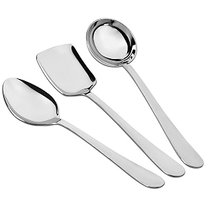 parage 3 pieces stainless steel serving spoons set for dining tablekitchen 18 mm heavy gauge 1 soup ladle karchi 1 solid spoon chamcha 1 rice spoon silver pack of 3