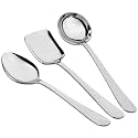 Parage 3 Pieces Stainless Steel Serving Spoons Set for Dining Table/Kitchen, 1.8 mm Heavy Gauge (1 Soup Ladle (Karchi), 1 Solid Spoon (Chamcha), 1 Rice Spoon), Silver (Pack of 3)