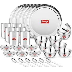 parage 36 pieces heavy gauge solid sanskriti dinner setpremium dinnerware for homesteel bartan set for kitchen 6 full plate 12 bowl 6 dish bowl 6 glass 6 spoon silver serves 6