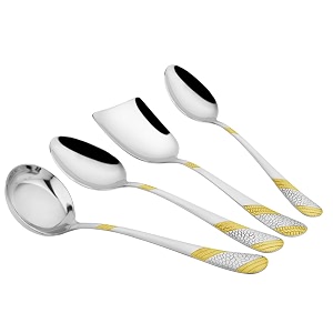 parage 4 pieces stainless steel golden serving spoons set for dining tablekitchen 18 mm heavy gauge 1 soup ladle karchi 1 solid spoon chamcha 2 riceserving spoons 24k gold pack of 4