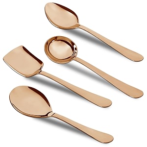 parage 4 pieces stainless steel rose gold serving spoons set for dining tablekitchen 18 mm heavy gauge 1 soup ladle karchi 1 solid spoon chamcha 2 riceserving spoons rose gold pack of 4