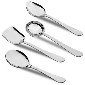 parage 4 pieces stainless steel serving spoons set for dining tablekitchen 18 mm heavy gauge 1 soup ladle karchi 1 solid spoon chamcha 2 riceserving spoons silver pack of 4