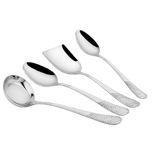 parage 4 pieces stainless steel serving spoons set for dining tablekitchen 18 mm heavy gauge 1 soup ladle karchi 1 solid spoon chamcha 2 riceserving spoons silver pack of 4
