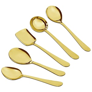 parage 5 pieces stainless steel gold serving spoon set for dining tablekitchen 18 mm heavy gauge 1 soup ladle karchi 1 solid spoon chamcha 1 rice spoon 2 bastingserving spoon pvd gold