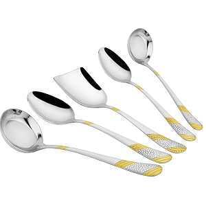 parage 5 pieces stainless steel golden serving spoon set for dining tablekitchen 18 mm heavy gauge 2 soup ladle karchi 2 solid spoon chamcha 1 rice spoon 24k gold pack of 5