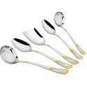 Parage 5 Pieces Stainless Steel Golden Serving Spoon Set for Dining Table/Kitchen, 1.8 mm Heavy Gauge (2 Soup Ladle (Karchi), 2 Solid Spoon (Chamcha), 1 Rice Spoon), 24k Gold (Pack of 5)