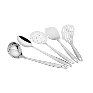 parage 5 pieces stainless steel hammered kitchen tool set for cooking cooking spoons set 13 inches silver contains 1 ladle 1 skimmer1 turner 1 spatula 1 potato masher silver