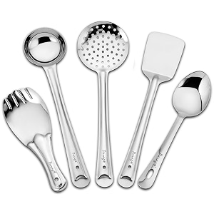 parage 5 pieces stainless steel kitchen tools set for kitchen cooking and serving pack of 5 ladlekarchhi skimmerjhara turnerspatula palta basting and rice spoon silver