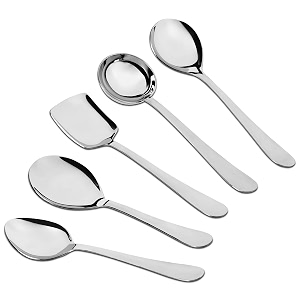 parage 5 pieces stainless steel serving spoon set for dining tablekitchen 18 mm heavy gauge 1 soup ladle karchi 1 solid spoon chamcha 1 rice spoon 2 bastingserving spoon silver