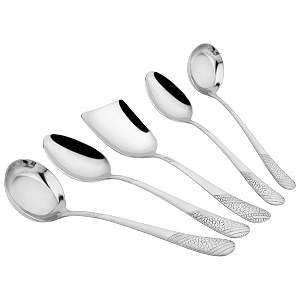 parage 5 pieces stainless steel serving spoon set for dining tablekitchen 18 mm heavy gauge 2 soup ladle karchi 2 solid spoon chamcha 1 rice spoon silver pack of 5