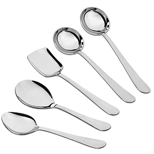 parage 5 pieces stainless steel serving spoons set for dining tablekitchen 18 mm heavy gauge 2 soup ladle karchi 1 solid spoon chamcha 1 riceserving spoons 1 basting spoon silver
