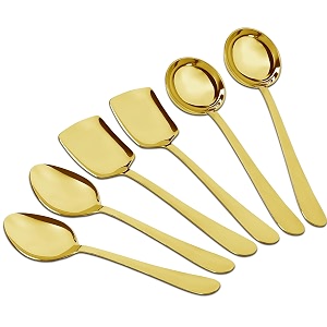 parage 6 pieces stainless steel gold serving spoons set for dining tablekitchen 18 mm heavy gauge 2 soup ladle karchi 2 solid spoon chamcha 2 rice spoon pvd gold pack of 6