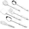 Parage 6 Pieces Stainless Steel Kitchen Tools for Cooking & Serving, Basting Spoon (Chamcha), Ladle(Karchhi), Slotted Turner, Skimmer(Jhara), Turner/Spatula (Palta), Blending Egg Whisk, Silver