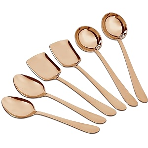 parage 6 pieces stainless steel rose gold serving spoons set for dining tablekitchen 18 mm heavy gauge 2 soup ladle karchi 2 solid spoon chamcha 2 rice spoon pack of 6 pvd rose gold
