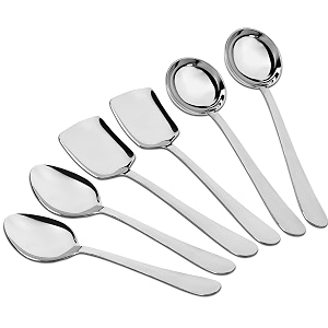 parage 6 pieces stainless steel serving spoons set for dining tablekitchen 18 mm heavy gauge 2 soup ladle karchi 2 solid spoon chamcha 2 rice spoon silver pack of 6