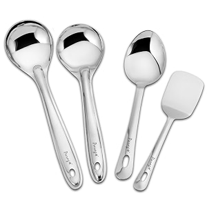 parage stainless steel kitchen tools set for kitchen cooking and serving pack of 4 serving spoon turnerspatula palta basting and rice spoon silver size 265 cms 25 cms x 2 23 cms