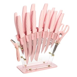 paris hilton knife block set with fan style clear acrylic knife block premium stainless steel blades with nonstick coating comfort grip handles 16-piece set pink and gold