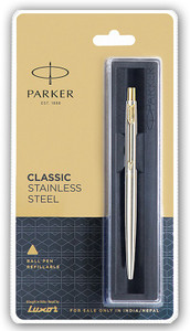 parker classic stainless steel ball pen with chrome and gold trim ball pen ink color - blue