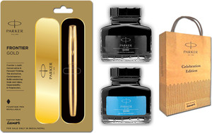 parker frontier gold fountain pen gold trim with blue  black ink bottle gift bag fountain pen ink color - blue