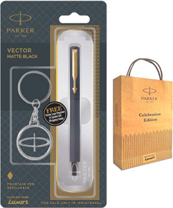 parker vector matte black fountain pen gold trim with gift bag fountain pen ink color - blue