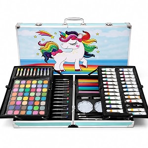 parssufy 145 pieces art set for kids with unicorn theme storage case art and craft supplies kit for drawing and painting with oil pastel water color color pencils sketch pen unicorn design-blue