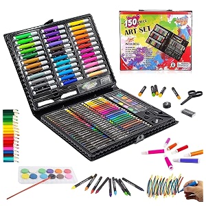 parssufy 150 pieces art set for kids with case art and craft supplies kit for drawing and painting color set with markers water colors brush color pencils crayons 151 pcs black
