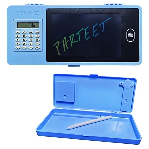 parteet lcd writing tablet pencil box with calculator  multifunctional stationery case for kids blue
