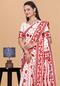 parthfabric woven banarasi art silk jacquard saree white