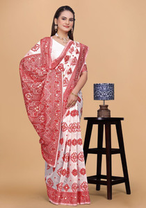 parthfabric woven banarasi art silk jacquard saree white red