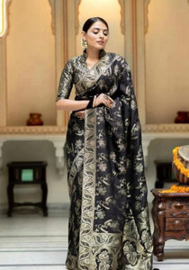 parthfabric woven banarasi art silk jacquard saree black
