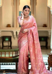 parthfabric woven banarasi art silk jacquard saree pink