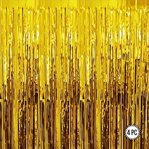 golden foil curtain for birthday anniversary marriage and bachelorette decoration  metallic backdrop streamers for decoration pack of 4 golden size 6x3 feet