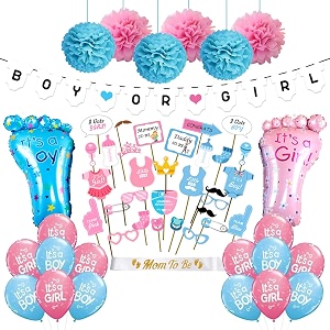 party propz baby shower decoration items set - 59pcs banner balloons photo booth props sash - baby shower decorations materials for mom to be maternity photoshoot - home kit