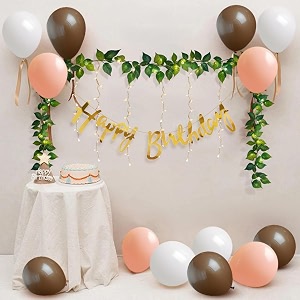 party propz retro theme birthday decoration kit - 18 pcs retro brown peach and white balloons for birthday decoration with artificial plant garland and happy birthday banner fairy light latex
