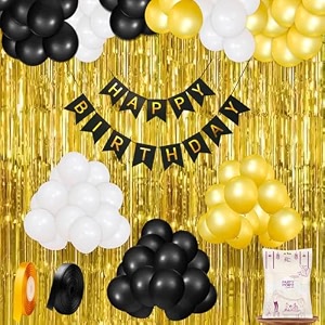 party propz birthday decoration kit for husband  40 pcs aesthetic birthday decor with happy birthday banner gold foil curtain ribbons black white amp gold balloons for bday decoration