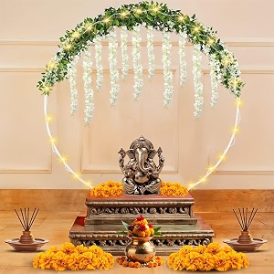 party propz circular decoration stand for backdrop for pooja - 5 pcs ganpati decoration setup for home varalakshmi and janmashtami backdrop stand with artificial ivory wisteria flowers and rice light