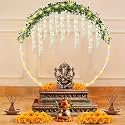 Party Propz Circular Decoration Stand for Backdrop for Pooja - 5 Pcs Ganpati Decoration Setup For Home, Varalakshmi and Janmashtami Backdrop Stand with Artificial Ivory Wisteria Flowers and Rice Light