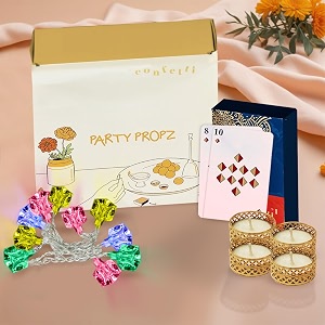 party propz diwali gifts box diwali gift pack with playing cards tealight candles ice cube lights for home decoration diwali gift hampers diwali gift items for family friends multicolor light