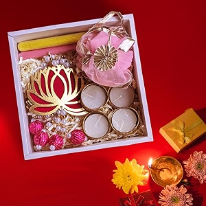 party propz diwali gifts box diwali gift pack with tassels hanging lotus latkan for home decoration golden metal tealight candles rangoli color deepawali gifts hampers