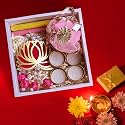 Party Propz Diwali Gifts Box, Diwali Gift Pack with Tassels Hanging, Lotus latkan for Home Decoration, Golden Metal Tealight Candles, Rangoli Color, Deepawali Gifts Hampers