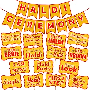 party propz haldi decoration items for marriage - 16 pcs haldi banner for decoration and haldi props for bride and family haldi props for groom and family cardstock