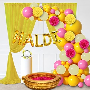 party propz haldi decoration set for marriage - 55pcs ceremony items tiara for bride foil balloon with yellow net curtains paper pom pom wedding mehandi decor