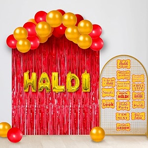 party propz haldi decoration items - 38 pcs haldi ceremony decoration red foil curtains and haldi foil balloons haldi mehndi decoration items for marriage haldi props for wedding wedding props