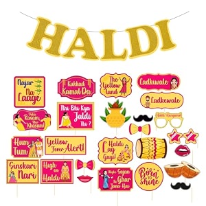 party propz haldi props and haldi banner for decoration - 26pc haldi decoration items for home haldi props for bride and family and for groom and family wedding photobooth haldi decorcardstock