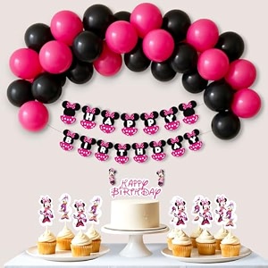 party propz happy birthday decoration kit  pink and black balloons for birthday happy birthday banner cupcake toppers cake topper cardstock and latex